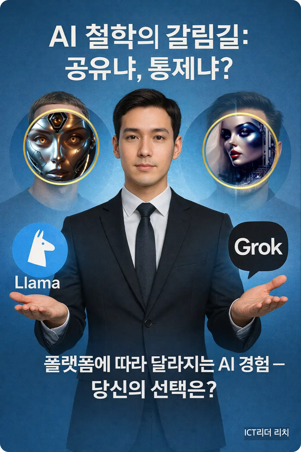 "AI 오픈소스 vs 프리미엄 전략을 비교 설명하는 남성 전문가 인포그래픽 – Llama와 Grok 로고, 균형의 아이콘 포함"