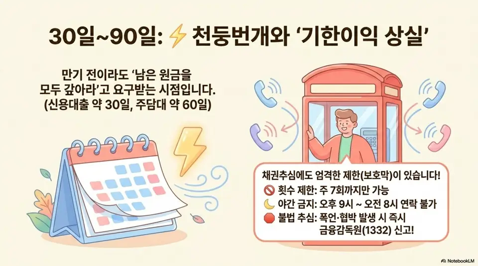 대출 연체 30일에서 90일 사이 기한이익 상실 단계를 천둥번개로 표현한 일러스트. 신용대출 약 30일과 주택담보대출 약 60일 이후 원금 전액 상환 요구가 시작되고 채권추심에도 법적 제한이 있음을 시각적으로 전달하며&amp;#44; 대출 연체 기한이익 상실과 채권추심 제한에 관련된 내용을 설명함 