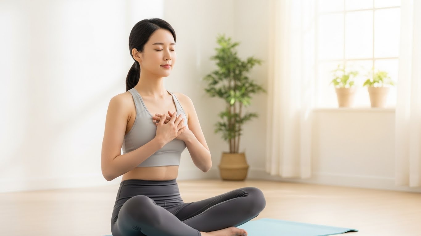 Korean woman practicing deep breathing during pilates exercise in a calm bright room