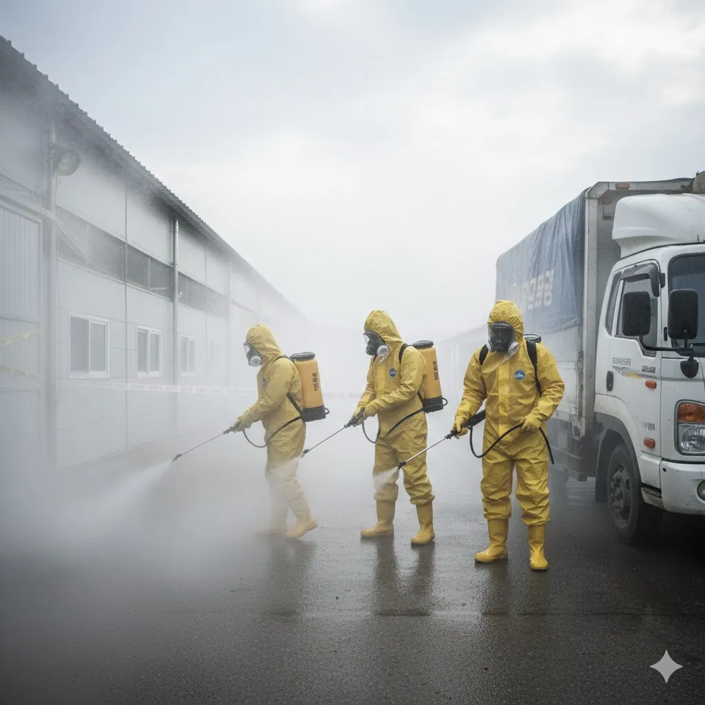 흰색 또는 노란색의 전신 방호복과 마스크를 착용한 방역 요원들이 소독 분무기를 들고 농장 건물이나 차량 주변에 방역액을 분사하는 모습을 담아주세요. 주변은 안개처럼 뿌연 소독액으로 가득 차 있으며, 요원들의 표정은 보이지 않지만 진지하고 사명감 있는 분위기를 연출합니다. 긴박하고 집중력 있는 현장감을 전달합니다.