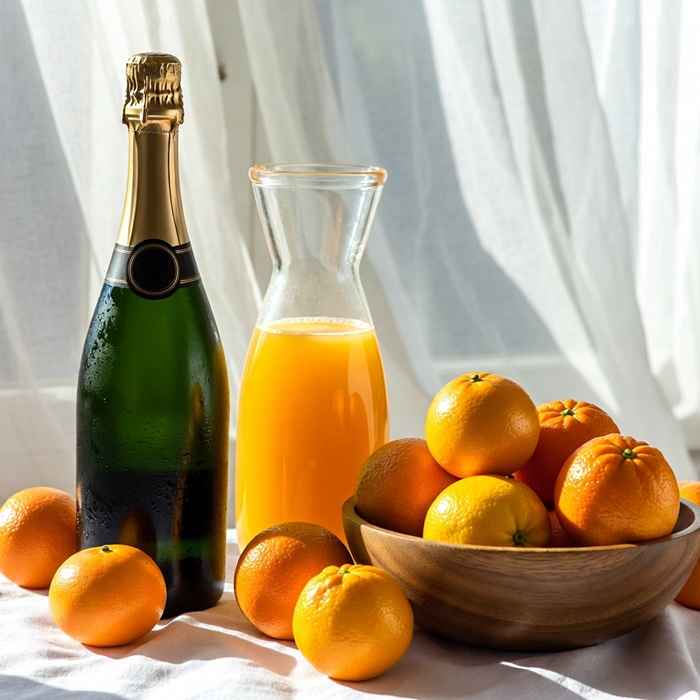 미모사 칵테일 재료 - 샴페인, 신선한 오렌지 주스와 오렌지