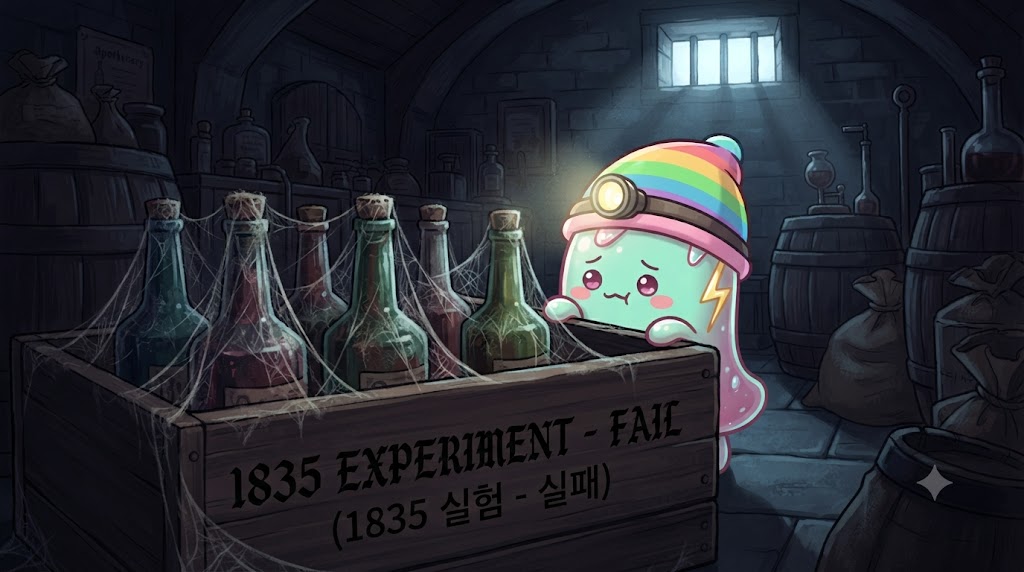 어둡고 먼지 쌓인 Lea &amp; Perrins 약국 지하 창고입니다. 구석에 '1835 EXPERIMENT - FAIL'이라고 적힌 나무 상자가 방치되어 있고, 그 위로 거미줄이 쳐져 있습니다. 쫀쿠가 호기심 어린 눈으로 상자를 들여다보고 있으며, 주변에는 다른 잡동사니들이 쌓여 있습니다.