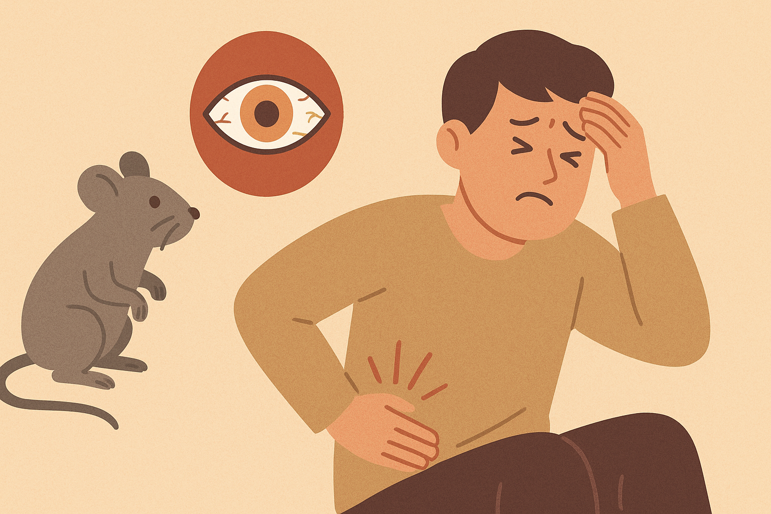 신증후군출혈열을 묘사한 이미지 – 들쥐, 복통과 두통을 호소하는 남성, 충혈된 눈 묘사