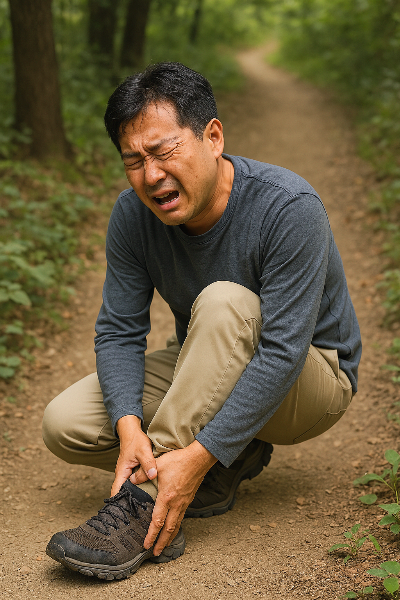 갑자기 발을 삐고 아파하는 모습