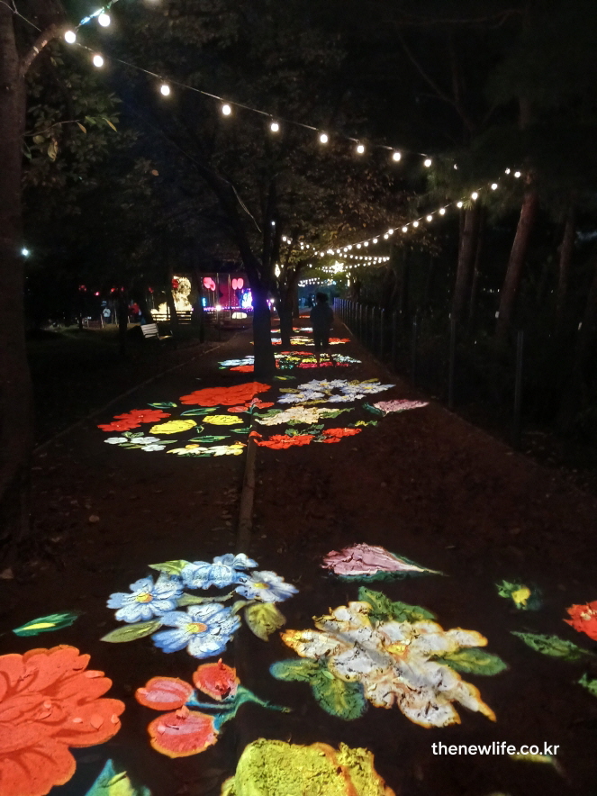 겨울철 장자호수공원 빛축제 조명이 비치는 황톳길 위를 걸어가는 맨발 걷기 코스