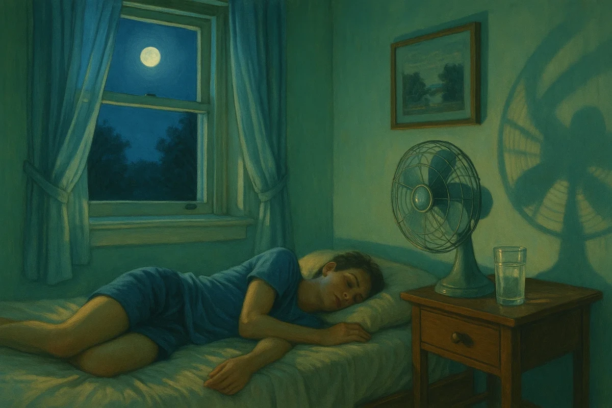 선풍기 바람을 맞으며 편안하게 잠든 모습, 시원한 민트색 침실 배경에서 평화로운 여름밤 풍경