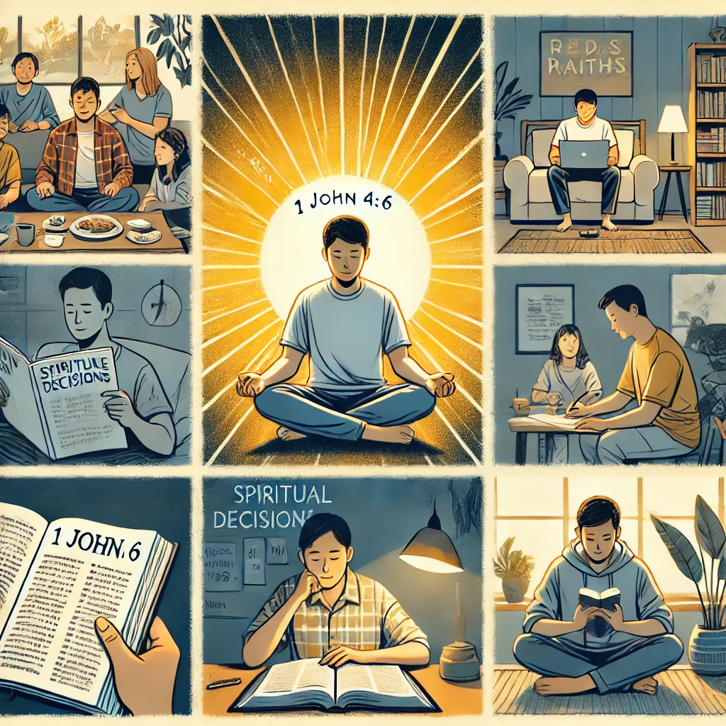 요한일서 4:6 말씀을 따라, 하나님의 음성을 듣고 세상의 음성을 거절하며 하루를 영적으로 살아가는 모습이 담긴 이미지가 있습니다.

다른 영혼들과 함께 큐티하며 말씀을 나누고 축복하는 모습,
조용한 시간에 성경을 읽으며 묵상하고 일상의 결정을 영적인 판단으로 연결하는 장면,
하나님의 인도하심을 상징하는 따뜻한 빛이 내리며, 하루 종일 신앙적인 선택을 하는 모습,
평안하고 깊이 있는 분위기가 영적 분별력을 가지고 살아가는 태도를 강조함
이 장면은 삶 속에서 끊임없이 하나님께 가까이 가려는 노력과, 말씀을 중심으로 판단하고 결정하는 신앙적 태도를 강조합니다. 🙏✨📖
요한일서 4:6 말씀을 따라, 하나님의 음성을 듣고 세상의 음성을 거절하며 하루를 영적으로 살아가는 모습이 담긴 이미지가 있습니다.
이 장면은 삶 속에서 끊임없이 하나님께 가까이 가려는 노력과, 말씀을 중심으로 판단하고 결정하는 신앙적 태도를 강조합니다. 🙏✨📖