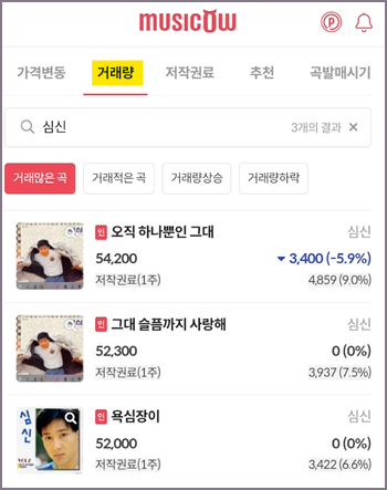 마켓 곡 검색 화면