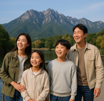 속초 강가에서 산책하며 어느 한 곳을 바라보는 가족