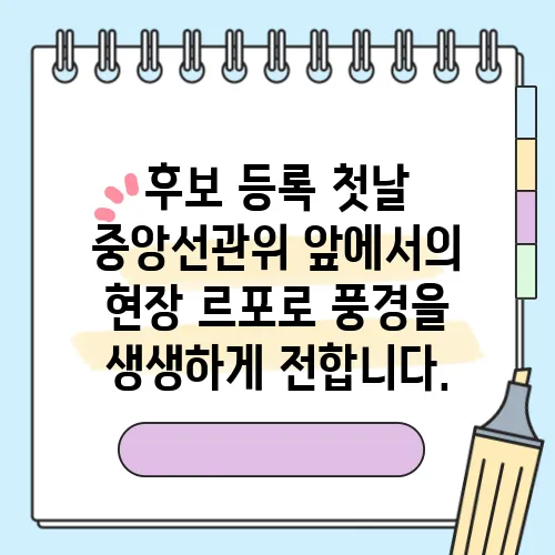 후보 등록 첫날 중앙선관위 앞에서의 현장 르포로 풍경을 생생하게 전합니다.