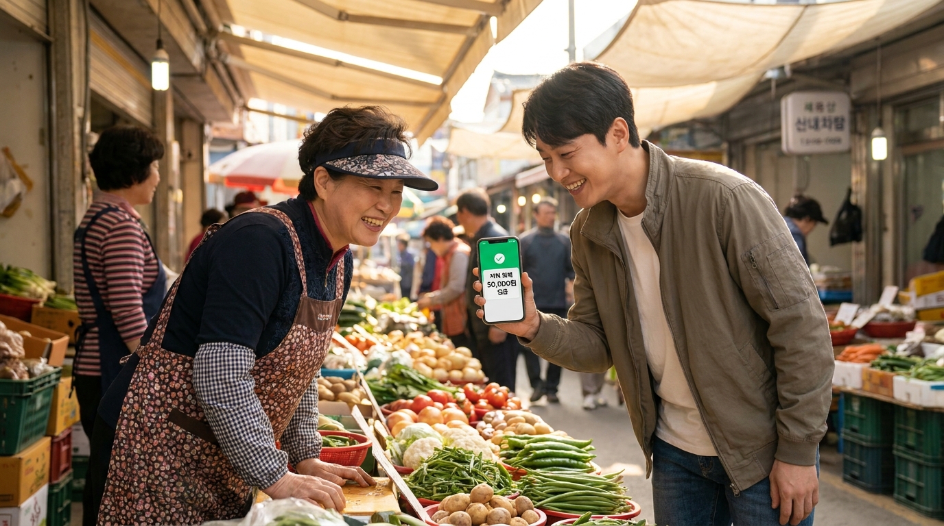 한국 전통 시장에서 민생지원금 입금을 확인하는 시민과 상인