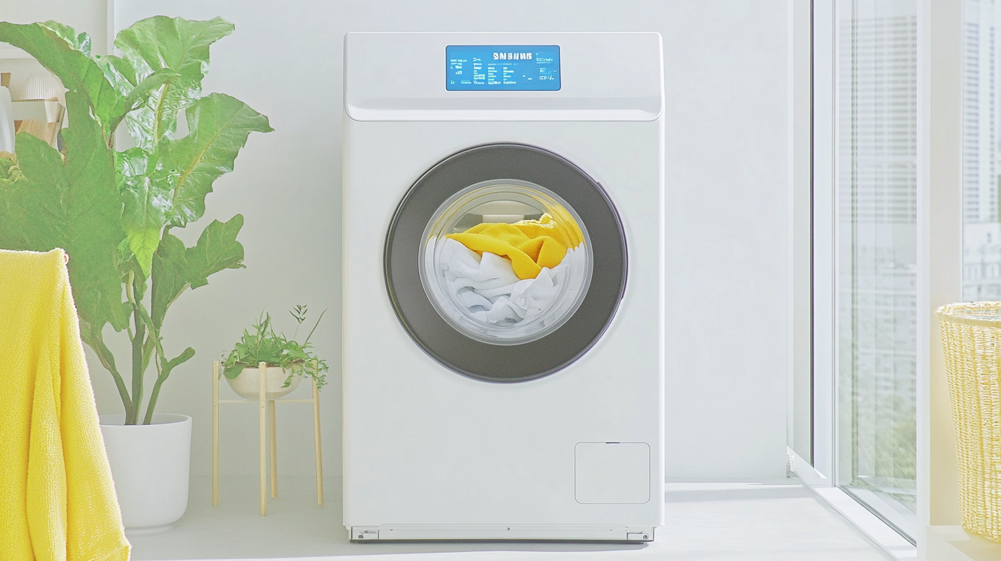 삼성 WF24CB8850BW 세탁기가 새하얀 모던한 배경 속에 놓여 있으며, 미래지향적인 디자인과 디지털 디스플레이, 큰 드럼이 강조된 모습