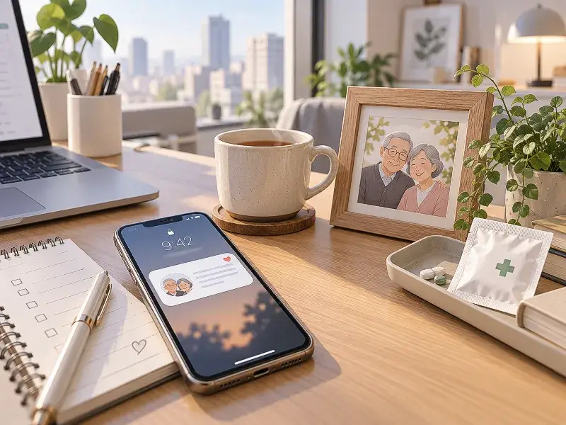 Modern emotional illustration of a smartphone with a caring message on a desk with family photo, tea, memo note, and medicine, symbolizing daily care and filial love for parents.