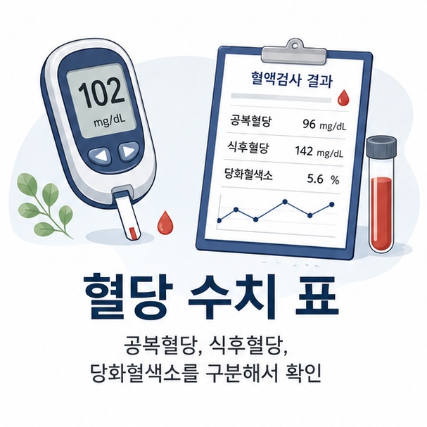 혈당계와 검사표를 통해 혈당 수치표는 공복혈당과 식후혈당, 당화혈색소를 각각 다른 기준으로 확인해야 함을 보여 주는 그림