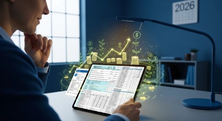 2026년 변경되는 세법 내용을 디지털 태블릿으로 확인하며 절세 방안을 고민하는 개인사업자