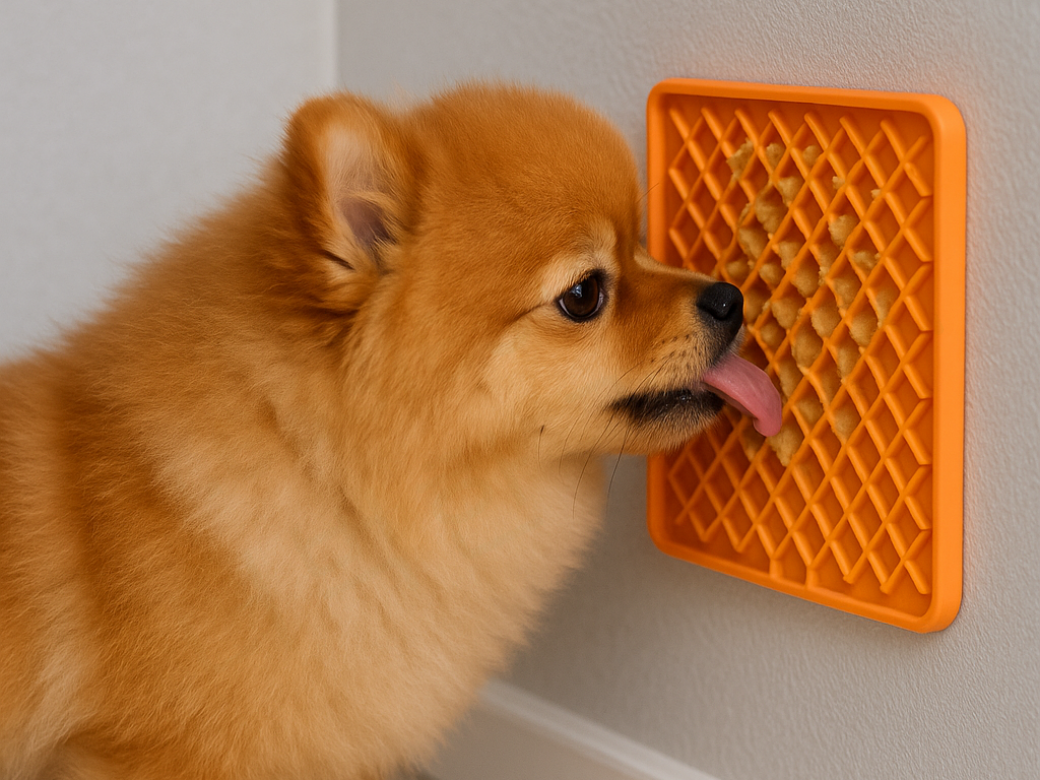 리킹 패드에 묻은 간식을 핥는 강아지