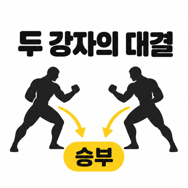 두 강자를 같은 크기로 배치하고 가운데 승부를 표시한 대결 도식