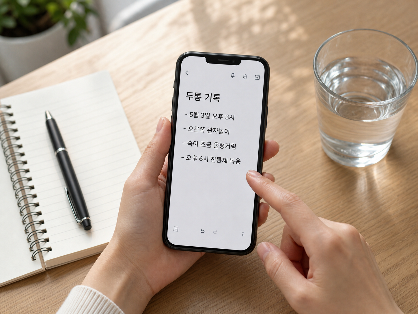 반복되는 두통 증상을 휴대폰에 간단히 기록하는 모습