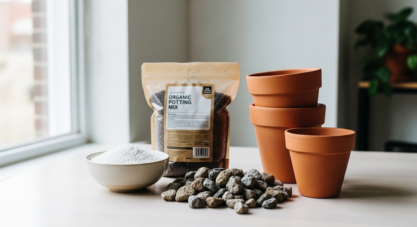 “배양토와 펄라이트, 난석 등을 테이블 위에 준비해둔 실내 식물용 흙 재료”