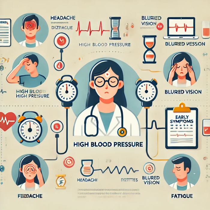 고혈압 초기 증상을 나타내는 인포그래픽&amp;#44; 두통&amp;#44; 어지럼증&amp;#44; 피로감&amp;#44; 시야 흐림 등의 증상 설명.