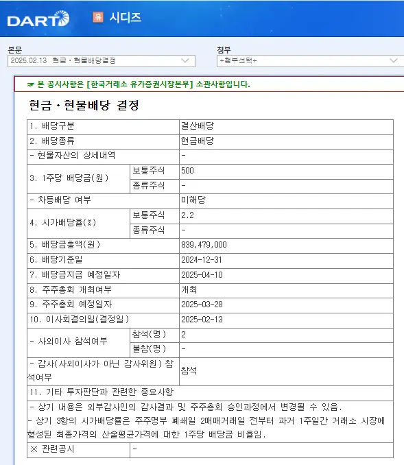 시디즈(134790) 2025년 배당락일