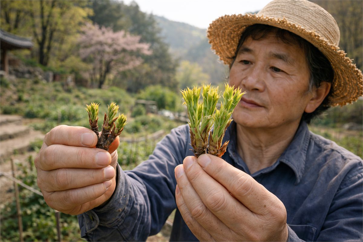 덜 자란 순과 적당히 자란 순을 비교하는 엄나무 채취 장면 