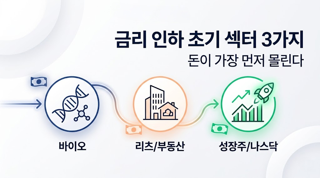 금리 인하 수혜 섹터를 보여주는 인포그래픽. 바이오, 리츠/부동산, 성장주/나스닥 순으로 이어지는 자금 흐름과 핵심 투자 전략을 미니멀한 아이콘으로 표현한 대표 이미지.