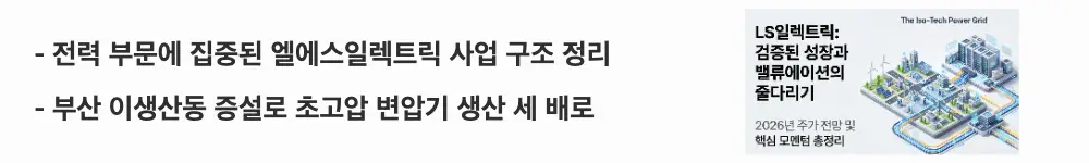 LS일렉트릭 주가 전망: '전력 부문에 집중된 엘에스일렉트릭 사업 구조 정리'라는 문구가 포함된 웹배너 이미지. 이 이미지는 LS일렉트릭의 전력 중심 사업 구조와 부산 2생산동 증설로 초고압 변압기 생산능력을 세 배 늘린 점이라는 핵심 요약 정보를 시각적으로 전달하며, 블로그의 LS일렉트릭 주가 전망 주제와 관련된 내용을 설명함