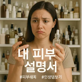 * 이미지 프롬프트: 1:1 비율의 실사 스타일. 화장품이 가득 쌓인 선반 앞에서 20대 후반의 여성이 양손에 서로 다른 종류의 세럼 병을 하나씩 들고, 어느 것을 써야 할지 모르는 혼란스럽고 난감한 표정을 짓고 있다. 배경의 선반에는 수많은 화장품들이 어지럽게 놓여있다. 전체적으로 부드러운 자연광이 비치지만, 인물의 표정에서 고민이 느껴지는 분위기. 패션 잡지 속의 한 장면처럼 세련되면서도 현실적인 느낌.
* 썸네일 텍스트(제목): 내 피부 설명서
* 해시태그: #피부해독 #인생템찾기