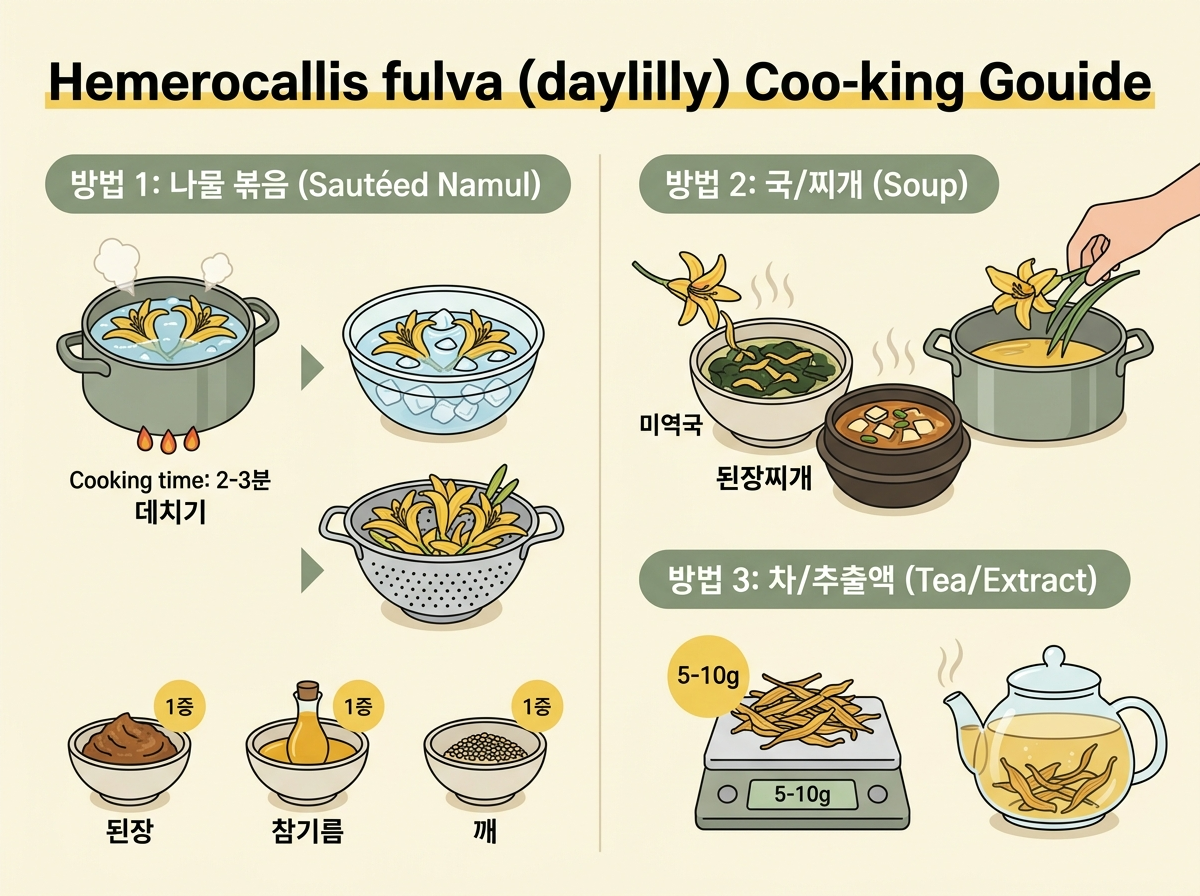 원추리 먹는 법, 나물무침, 된장국, 원추리 차, 복용량