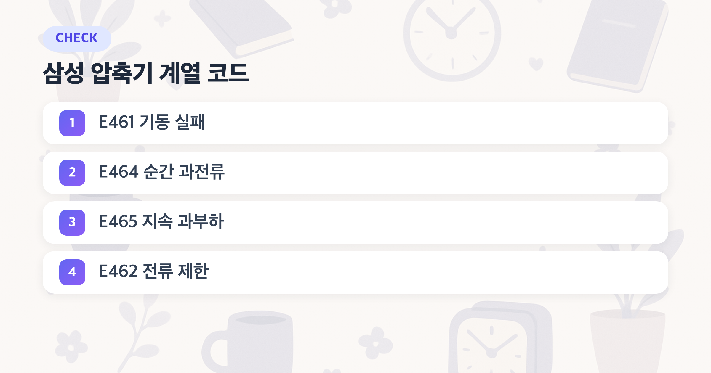 삼성 압축기 계열 코드: E461 기동 실패, E464 순간 과전류, E465 지속 과부하, E462 전류 제한