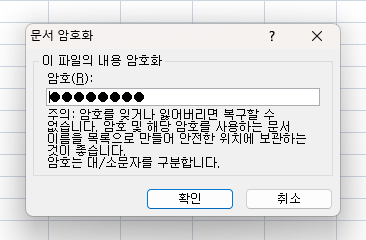 엑셀 문서 암호화 설정 창에서 파일 보호를 위해 암호를 설정하는 과정