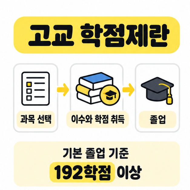 고교 학점제란 제목 아래 과목 선택에서 이수와 학점 취득, 졸업으로 이어지는 흐름과 기본 졸업 기준 192학점 이상을 표시한 그림.