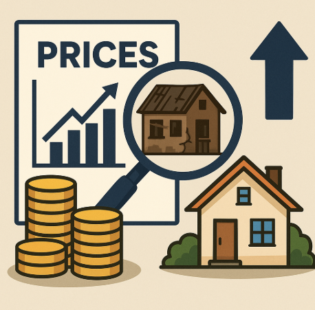 "농촌 빈집 시세를 표현한 일러스트, 가격 그래프와 동전 더미, 돋보기로 강조된 노후 주택과 관리된 주택이 함께 배치된 디자인"
