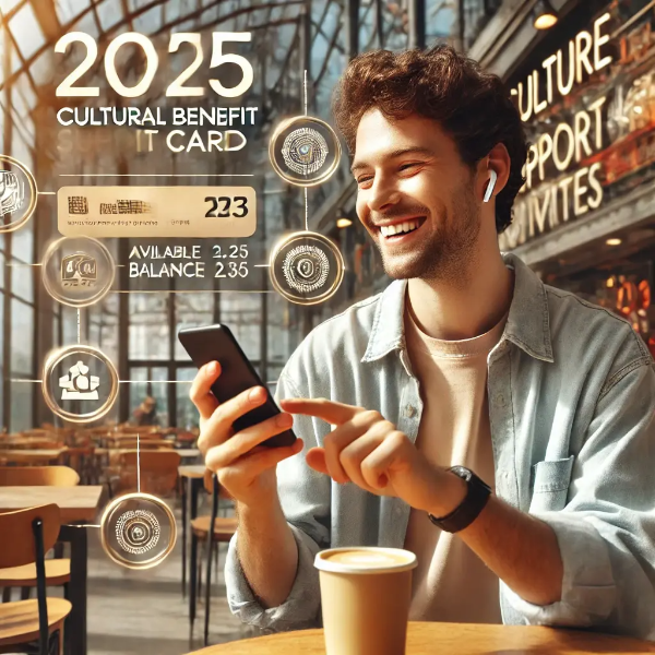 스마트폰으로 문화누리카드 잔액과 이용 가능 혜택을 확인하는 사람, 현대적인 카페 배경