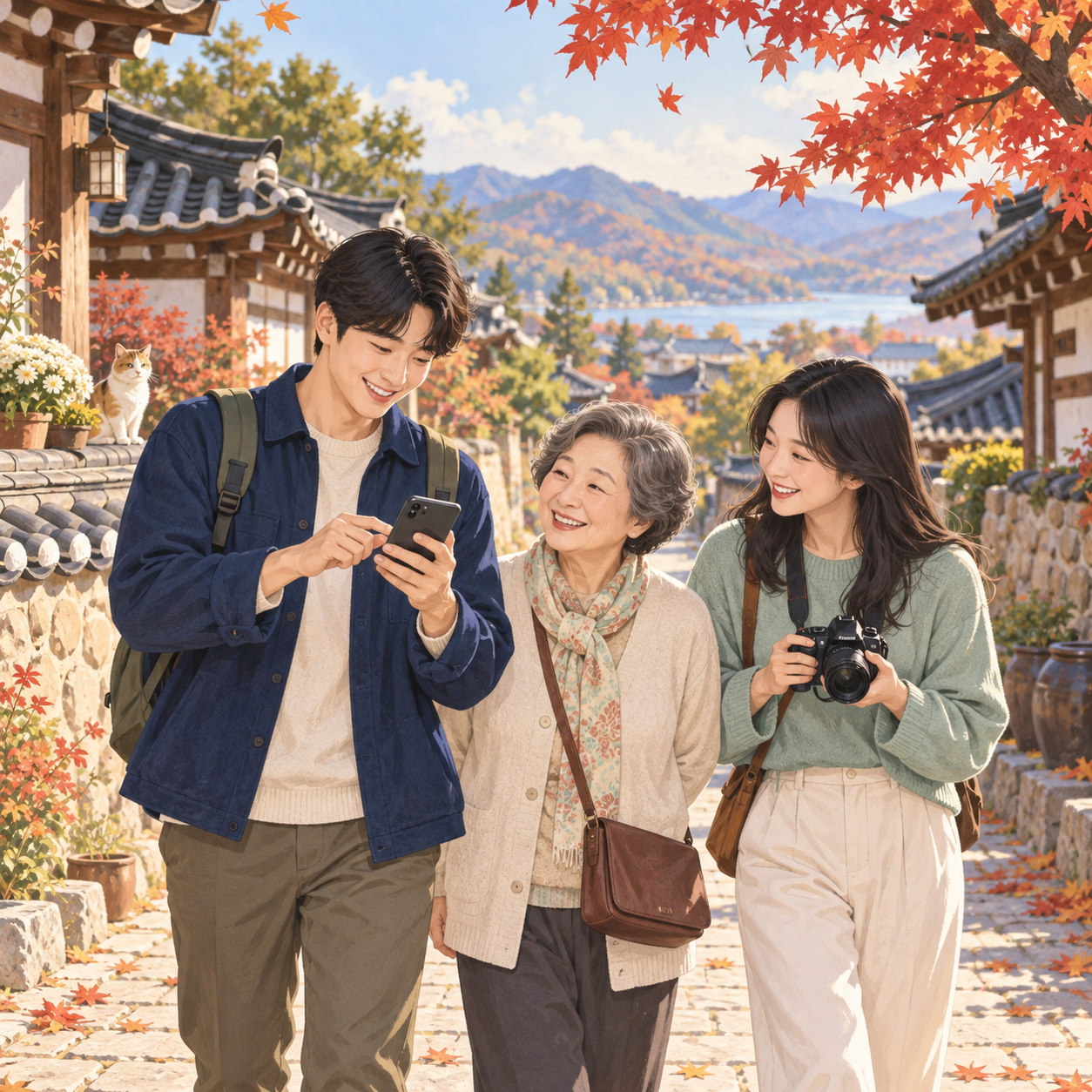 부모님과 성인 가족이 가을 마을에서 휴대폰으로 여행 정보를 확인하는 모습