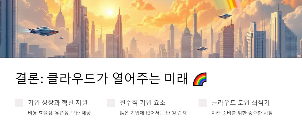 미래 도시를 배경으로 한 클라우드 컴퓨팅의 혁신적인 가능성을 강조하는 이미지. 기업 성장, 혁신 지원, 필수적인 기업 요소, 도입의 적절성을 설명하는 내용 포함