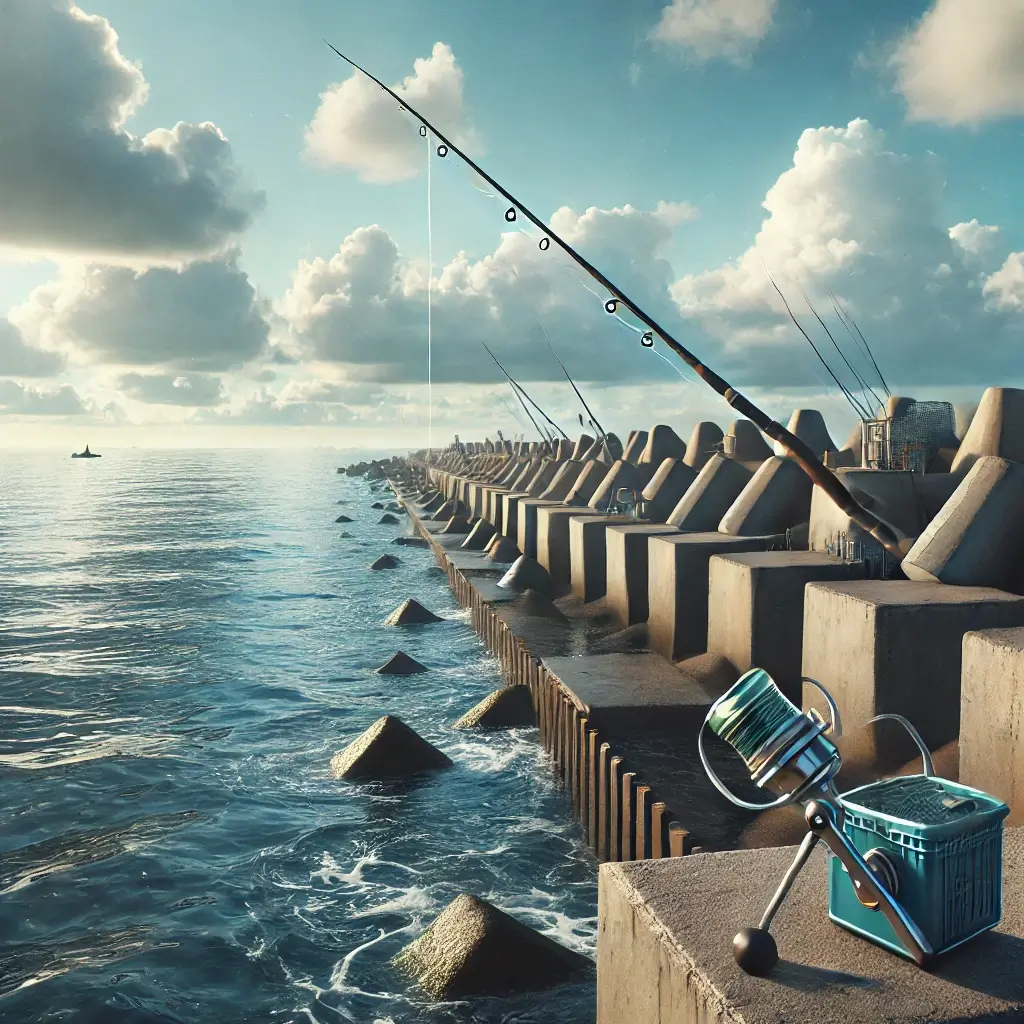 방파제에서 바다를 바라보며 낚시하기 좋은 장소를 묘사한 이미지