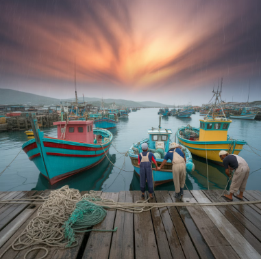 해상 안전 및 어업 시설 대비 - 배들끼리 줄로 묶고 있는 모습