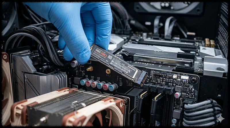 컴퓨터 메인보드에 M.2 SSD를 장착하는 모습