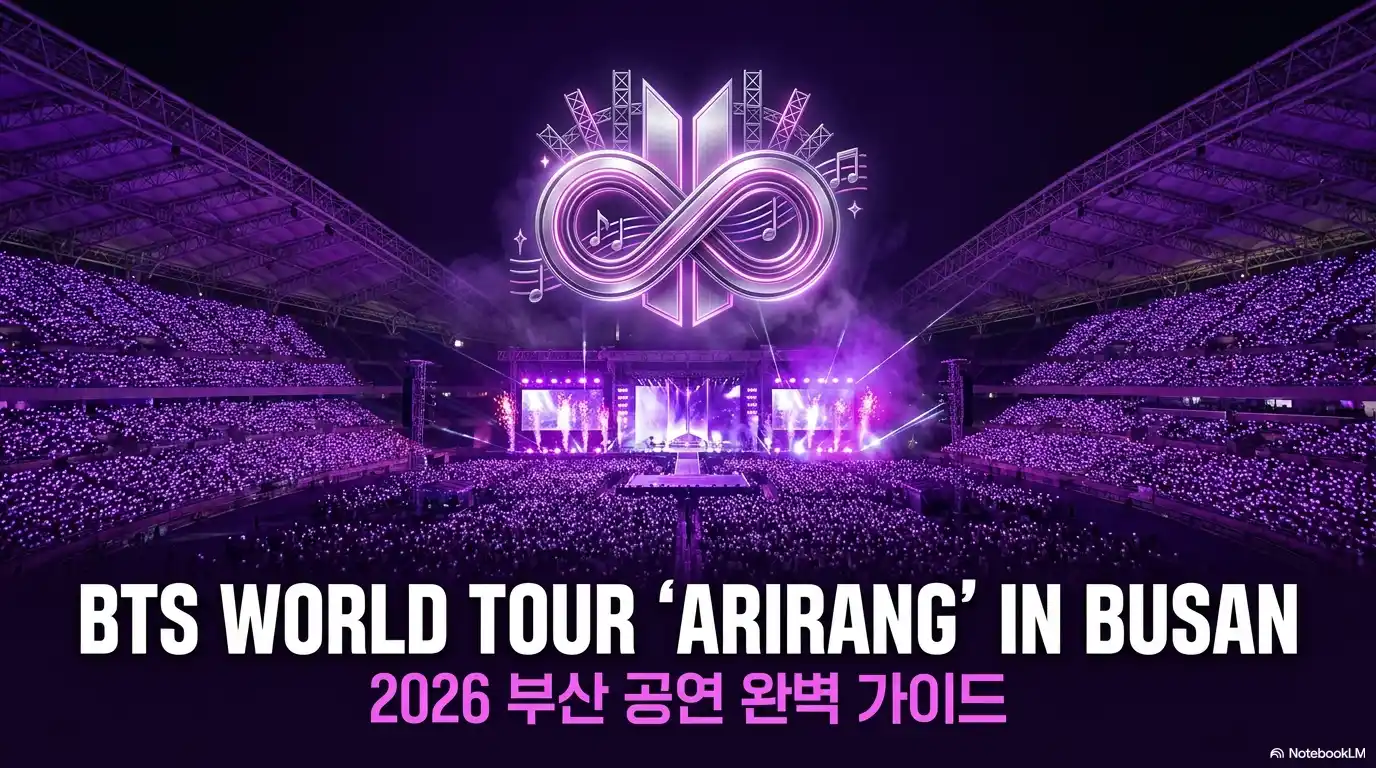BTS 월드투어 ARIRANG 부산 공연 2026 완벽 가이드 타이틀 이미지, 보라색 조명으로 가득 찬 대형 스타디움과 BTS 공식 로고