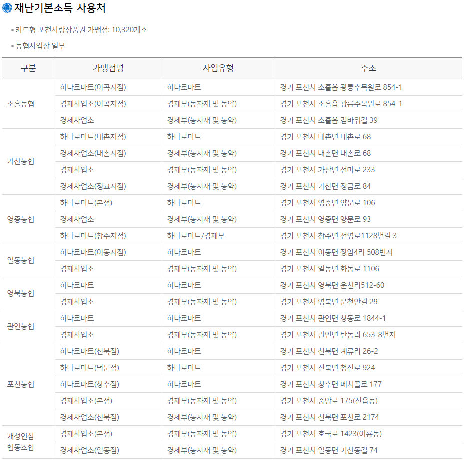 포천 재난지원금 사용처