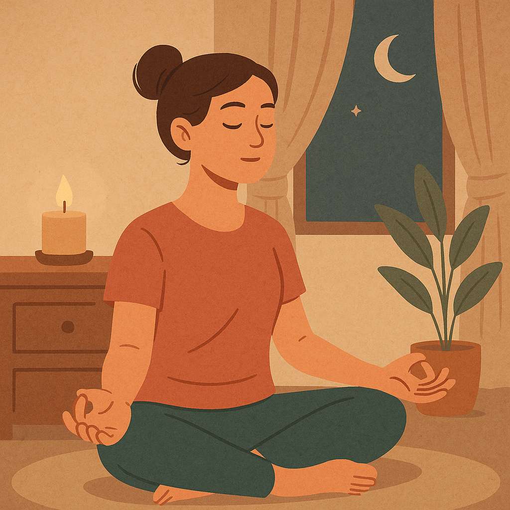 조용한 밤, 명상을 통해 스트레스를 해소하는 여성의 평온한 모습