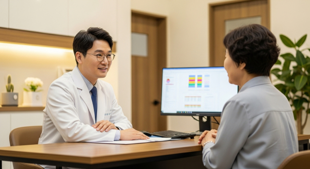 진료실에서 의사가 환자에게 검사 결과를 설명하는 상담 장면