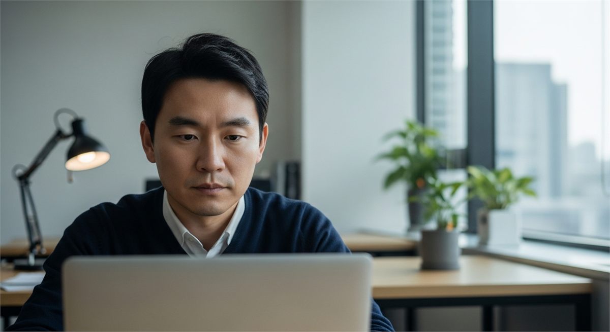  한국인 투자자가 반도체 소재 공급망을 분석하는 모습 