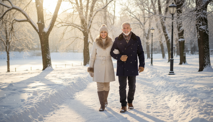 겨울철 햇살 아래 공원을 함께 산책하며 활기차게 웃고 있는 건강한 시니어 부부의 모습