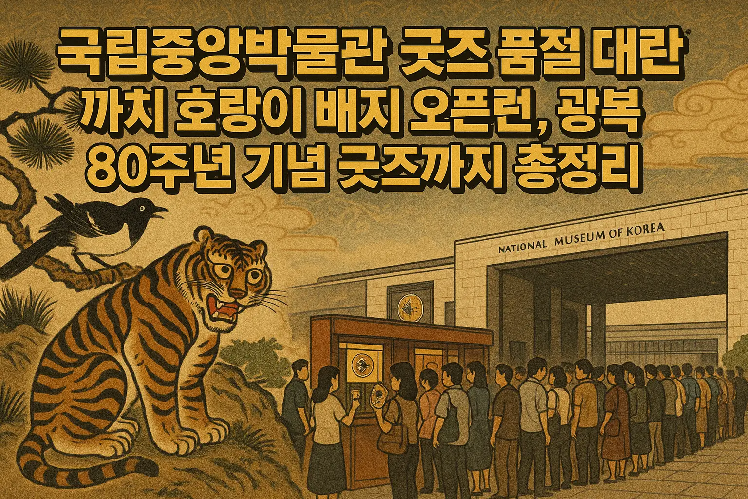 국립중앙박물관 굿즈샵 품절 대란 현장, 까치호랑이 배지와 광복 80주년 기념 굿즈를 구매하기 위해 길게 줄 선 관람객들