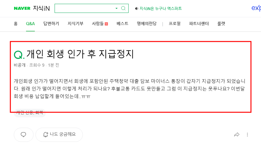 개인 회생 인가 후 지급정지 관련 지식인 질문