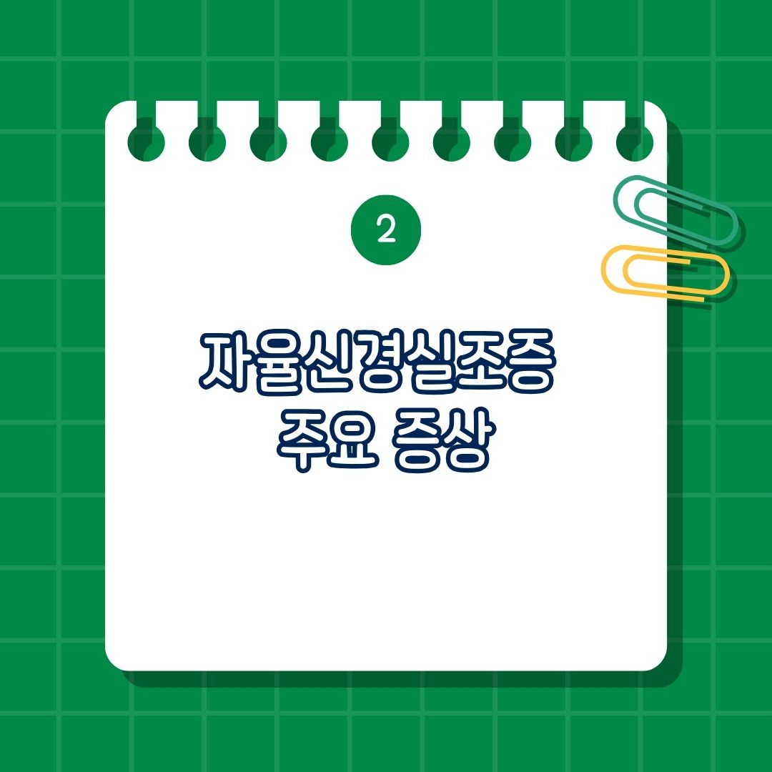 자율신경실조증 주요 증상, 심장 관련, 소화기 관련, 호흡 관련, 근육 및 통증, 정신적 증상, 기타