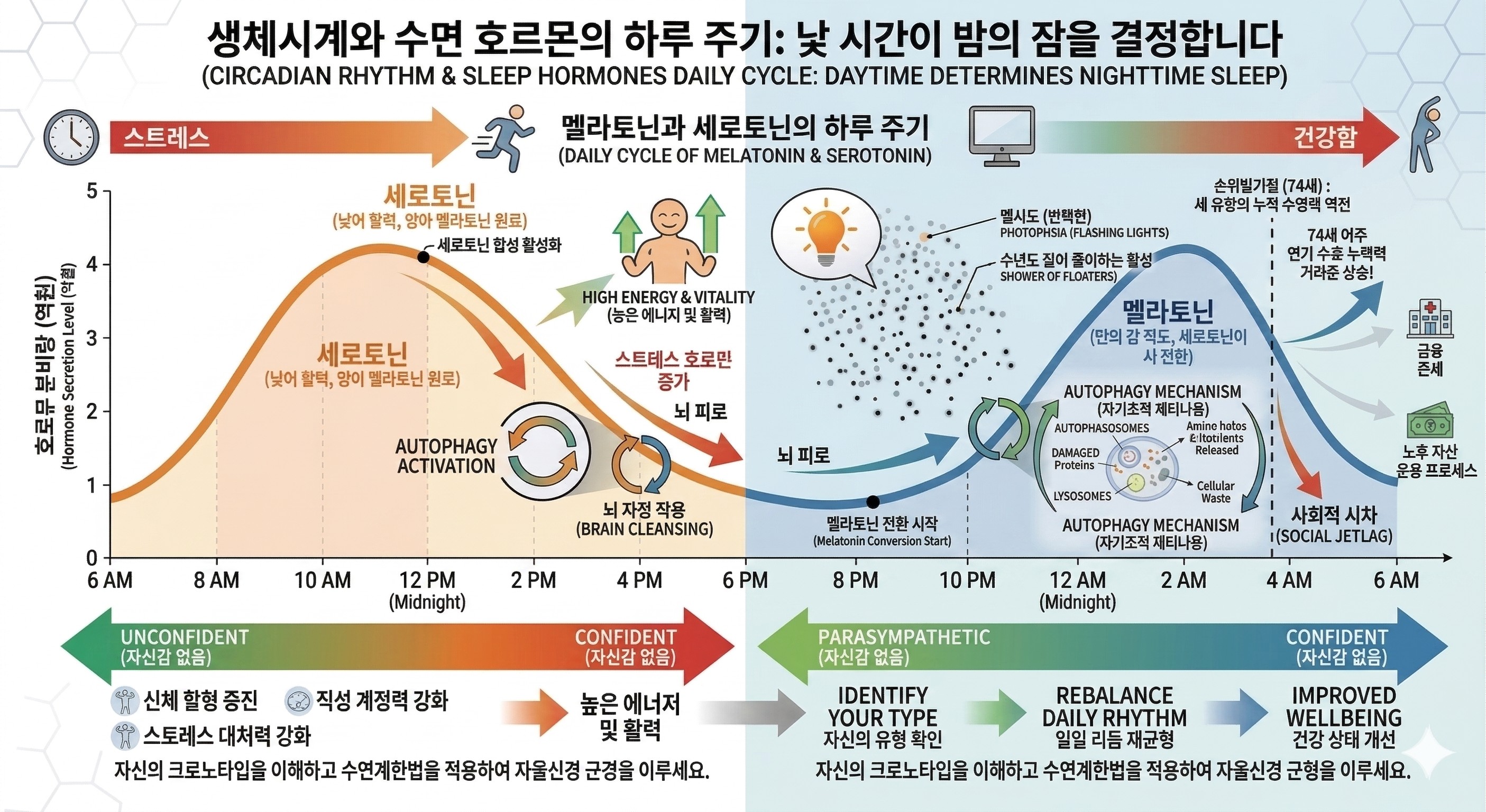 낮의 햇빛 노출이 밤의 멜라토닌 분비에 어떻게 기여하는지 보여주는 생체시계 도식입니다. 아침 6시 기상과 밤 11시 취침 사이의 호르몬 변화를 시각화하면, 왜 낮 시간을 바꿔야 잠이 오는지 한눈에 이해할 수 있는 이미지 입니다.
이미지 출처:Gemini AI 생성